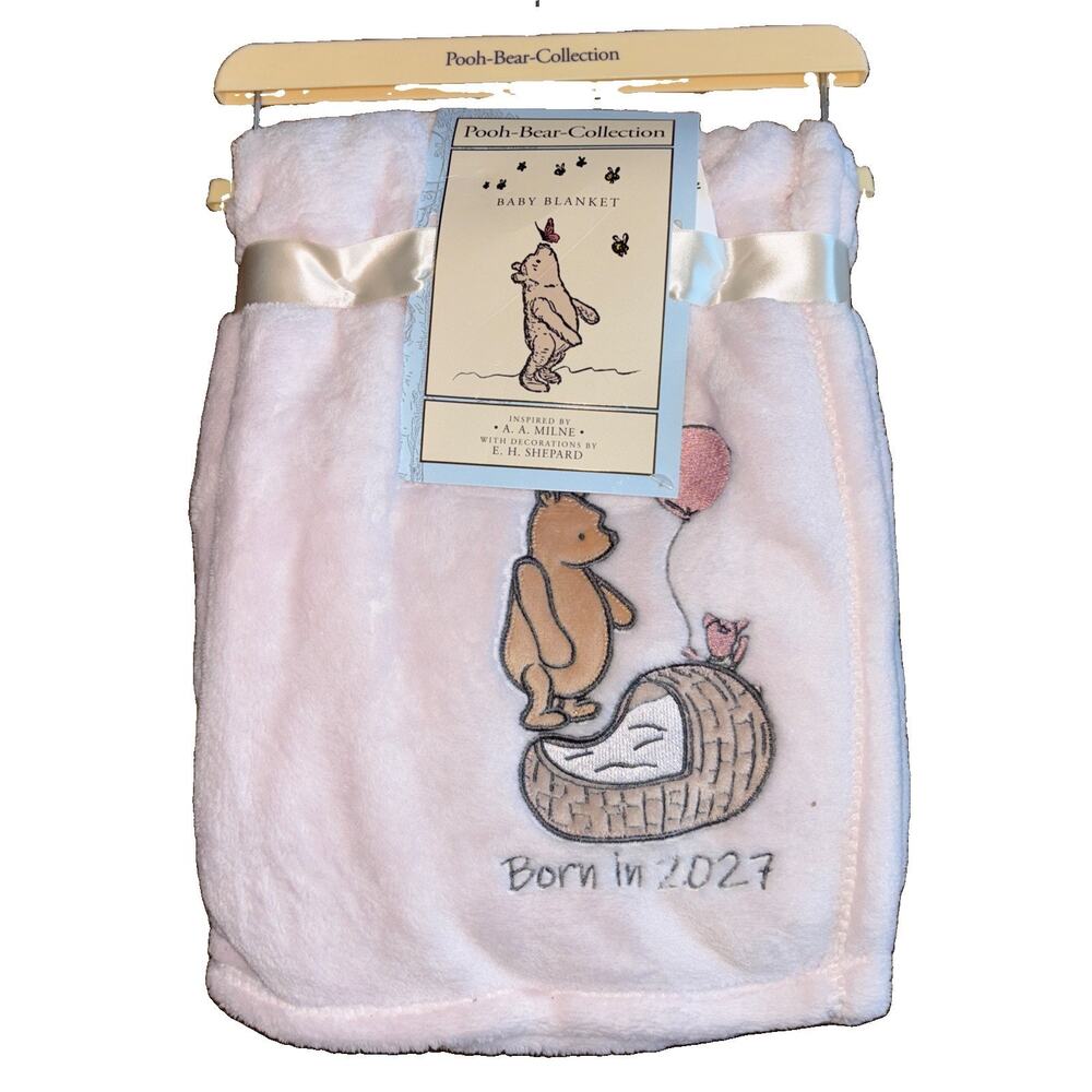 Winnie the Pooh Bear Collection Born in 2027 Embroidered Baby Blanket Pink Girl
